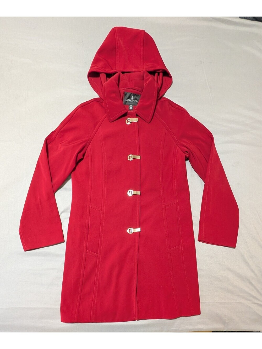 London Fog Red Hooded Toggle Trench Coat Jacket Women's Size M Medium